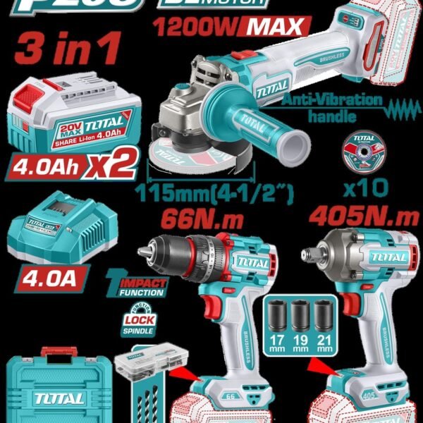 COMBO INALAMBRICO 20V PISTOLA IMPACTO INALAMBRICA 1/2" 405NM + TALADRO DE IMPACTO 1/2" 66NM + PULIDORA 4 1/2" 1200W + 2 BATERIAS 4.0AH + CARGADOR INCLUYE ACCESORIOS INDUSTRIAL SUPER TOTAL (UTCKLI20358)
