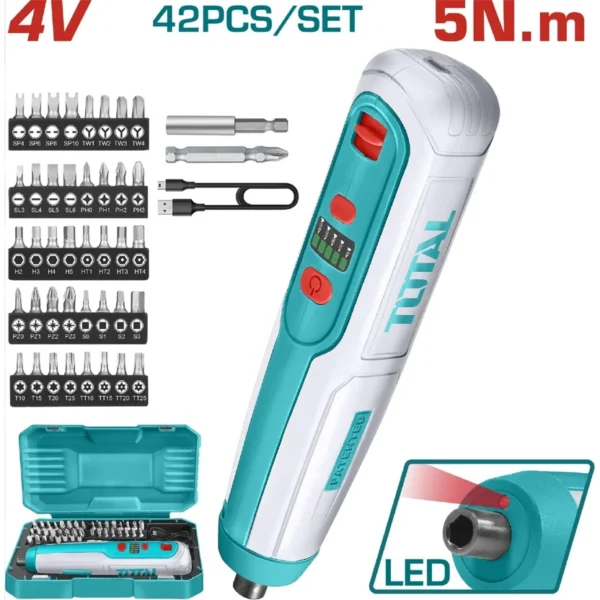 ATORNILLADOR INALAMBRICO 4V CAJA PLASTICA 42PZS TOTAL (TSDLI0403)