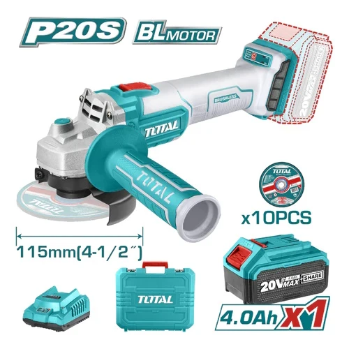 PULIDORA INALAMBRICA 4 1/2 INDUSTRIAL 20 V 1200W INCLUYE BATERIA 4.0 AH, CARGADOR Y 10 DISCOS, MOTOR SIN ESCOBILLAS TOTAL (UTAGLI2011587)