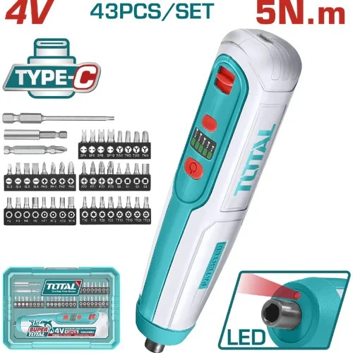 ATORNILLADOR INALAMBRICO 4V CAJA PLASTICA 42PZS SUPER TOTAL (TSDLI0406)