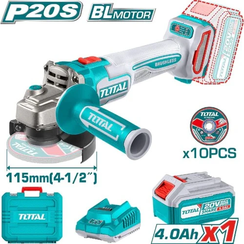 PULIDORA INALAMBRICA 4 1/2 INDUSTRIAL 20V 900W INCLUYE 10 DISCOS PARA CORTE DE METAL 1 BATERIA Y CARGADOR INDUSTRIAL, MOTOR SIN ESCOBILLAS TOTAL (UTAGLI211541)