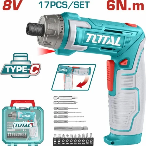 ATORNILLADOR INALAMBRICO 8V ESTUCHE PLASTICO + 17 PIEZAS TOTAL (TSDLI0802)