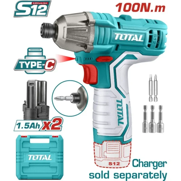ATORNILLADOR DE IMPACTO INALAMBRICO 1/4 12V 100NM INCLUYE 2 BATERIAS, 2 PUNTA TALADRO Y 3 COPAS CAJA PLASTICA SUPER TOTAL (TIRLI12015)