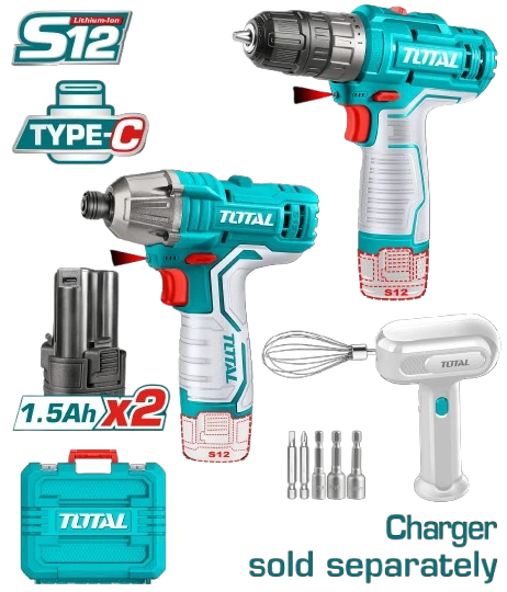 COMBO INALAMBRICO 12V ATORNILLADOR DE IMPACTO + TALADRO 3/8" INCLUYE 6 ACCESORIOS + DOS BATERIAS 1.5AH + BATIDORA CARGADOR SE VENDE POR SEPARADO TOTAL (TOSLI240205)