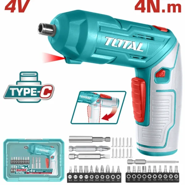 ATORNILLADOR INALAMBRICO 4V ESTUCHE PLASTICO + 20 PUNTAS TALADRO DE 25MM, 2 DE 50MM, 1 BROCA Y CONECTOR SUPER TOTAL (TSDLI04425)