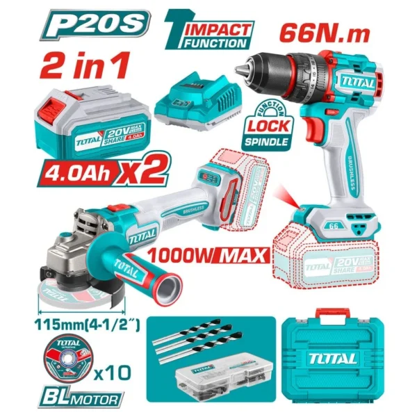 COMBO INALAMBRICO TALADRO 1/2" 20V 66NM + PULIDORA 4 1/2" INCLUYE 1 BATERIA 20V(4.0AH), 1 BATERIA 20V(2.0AH) CARGADOR 20V, 10 DISCOS DE CORTE Y ACCESORIOS TOTAL (UTCKLI20273)