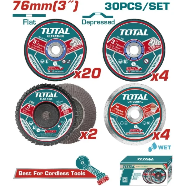 JUEGO DE DISCOS DE CORTE Y PULIR 3 " X 30 PZS SUPER TOTAL (TAC97630)