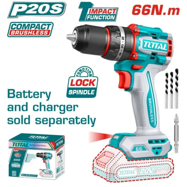 TALADRO PERCUTOR ATORNILLADOR INALAMBRICO 1/2 20V 66NM BATERIA Y CARGADOR SE VENDEN POR SEPARADO, INCLUYE 4 ACCESORIOS INDUSTRIAL SUPER TOTAL (TIDLI206681)