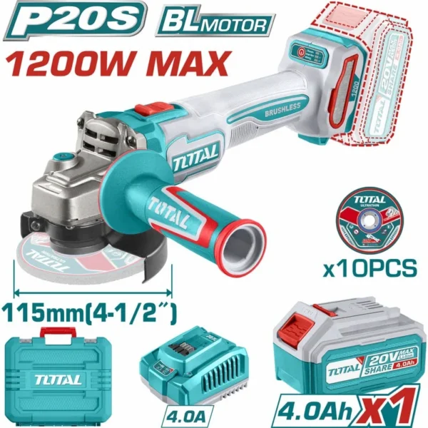 PULIDORA INALAMBRICA 4 1/2 INDUSTRIAL 20 V 1200W INCLUYE BATERIA 4.0 AH, CARGADOR Y 10 DISCOS, MOTOR SIN ESCOBILLAS INDUSTRIAL SUPER TOTAL (UTAGLI2211531A)