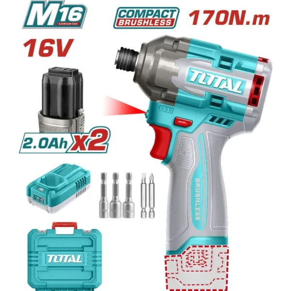 ATORNILLADOR DE IMPACTO INALAMBRICO 16V 170NM INCLUYE 2 BATERIAS 2.0AH, CARGADOR, PUNTA TALADRO Y COPA INDUSTRIAL SUPER TOTAL (UTIRLI16178)