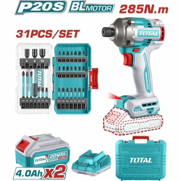 ATORNILLADOR DE IMPACTO INALAMBRICO 1/4 20V 285NM + JUEGO DE PUNTAS X 31 PZS INCLUYE 2 BATERIAS 4.0AH Y CARGADOR INDUSTRIAL SUPER TOTAL (UTOSLI240966)