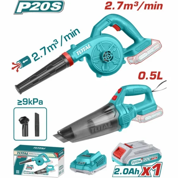 COMBO INALAMBRICO 20V SOPLADORA INALAMBRICA + ASPIRADORA DE MANO 0,5L INCLUYE 1 BATERIA 2.0AH SUPER TOTAL (UTOSLI240998)