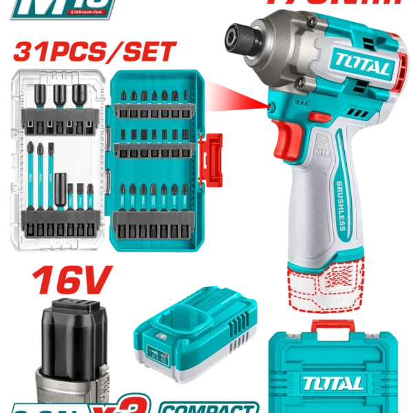 ATORNILLADOR DE IMPACTO INALAMBRICO 1/4 170NM 16V + 31 ACCESORIOS INCLUYE 2 BATERIAS (2.0AH) Y CARGADOR INDUSTRIAL SUPER TOTAL (UTOSLI241083)