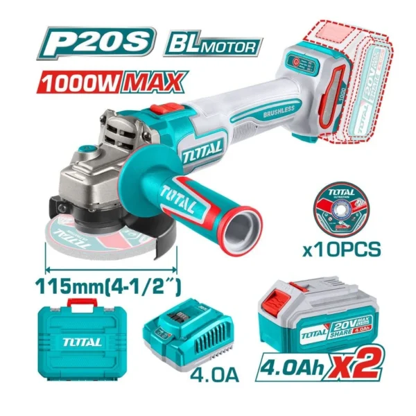 PULIDORA INALAMBRICA 4 1/2 INDUSTRIAL 20V 1000W INCLUYE 10 DISCOS PARA CORTE DE METAL 2 BATERIAS 4.0 AH Y CARGADOR , MOTOR SIN ESCOBILLAS INDUSTRIAL SUPER TOTAL (UTAGLI271532)