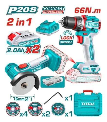 COMBO INALAMBRICO 20V X 2 PZS TALADRO 1/2 66 NM + MINI PULIDORA 3" INCLUYE 2 BATERIAS 2.0 AH + CARGADOR + 7 DISCOS Y 47 ACCESORIOS INDUSTRIAL SUPER TOTAL (UTCKLI20766)