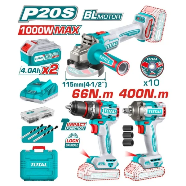 COMBO INALAMBRICO 20V TALADRO 1/2" 66 NM + PULIDORA 4 1/2" 1000W + PISTOLA IMPACTO 1/2 400 NM INCLUYE 2 BATERIA 20V(4.0AH),CARGADOR , 10 DISCOS DE CORTE Y ACCESORIOS INDUSTRIAL TOTAL (UTOSLI241291)