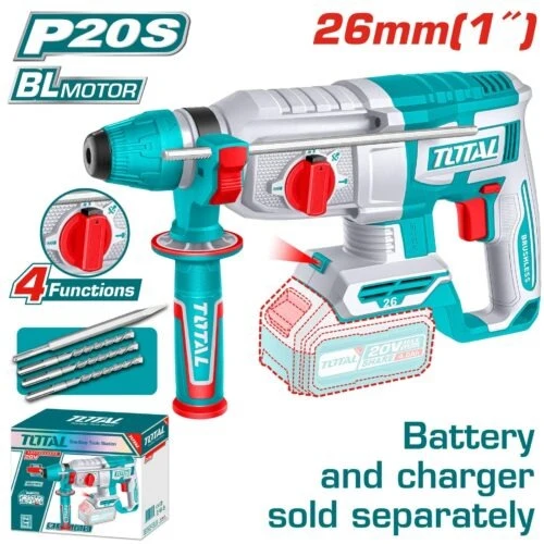 TALADRO INALAMBRICO ROTOMARTILLO 1" 20V SDS PLUS 2,5 JULES INCLUYE 3 BROCAS Y 1 CINCEL CARGADOR Y BATERIA NO INCLUIDO INDUSTRIAL TOTAL (TRHLI20268)
