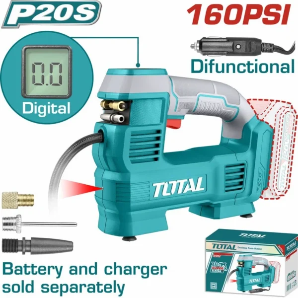 COMPRESOR MINI INALAMBRICO DIGITAL 20V 160PSI AUTOMATICO PARA CARRO BATERIA Y CARGADOR NO INCLUIDO TOTAL (TACLI2012)