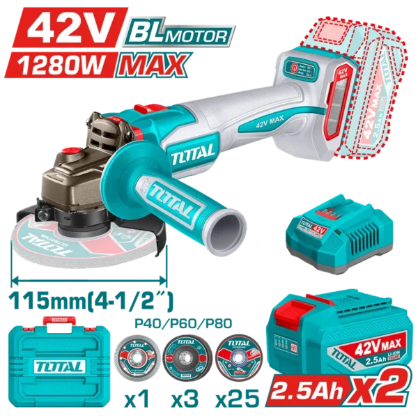 PULIDORA INALAMBRICA 4 1/2 INDUSTRIAL 42V 1280W INCLUYE DISCOS 2 BATERIAS 2.0 AH Y CARGADOR , MOTOR SIN ESCOBILLAS INDUSTRIAL SUPER TOTAL (UTAGLI4128112)