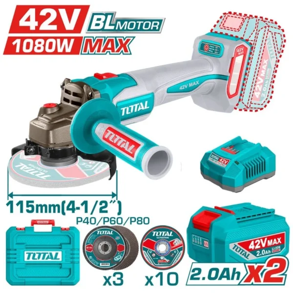 PULIDORA INALAMBRICA 4 1/2 INDUSTRIAL 42V 1080W INCLUYE DISCOS 2 BATERIAS 2.0 AH Y CARGADOR , MOTOR SIN ESCOBILLAS INDUSTRIAL SUPER TOTAL (UTAGLI4108112)