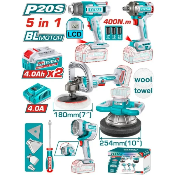 COMBO INALAMBRICO 20V POLICHADORA ORBITAL 10"+ POLICHADORA 7" + PISTOLA IMPACTO 1/2" 400NM + LAMPARA DE TRABAJO LM2000 + PISTOLA CALOR CON TEMPERATURA AJUSTABLE PANTALLA LCD + 2 BATERIAS 4.0 AH + CARGADOR 20V Y ACCESORIOS INDUSTRIAL SUPER TOTAL (UTOSLI250592)