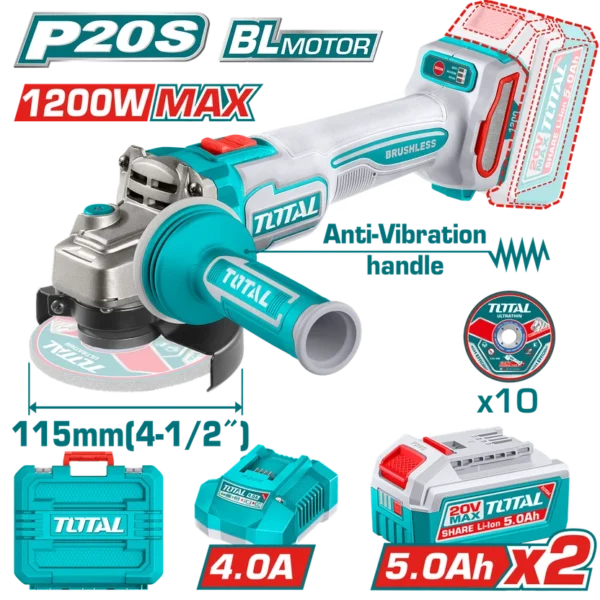 PULIDORA INALAMBRICA 4 1/2 INDUSTRIAL 20V 1200W INCLUYE 10 DISCOS PARA CORTE DE METAL 2 BATERIAS 5.0 AH Y CARGADOR , MOTOR SIN ESCOBILLAS INDUSTRIAL SUPER TOTAL (UTAGLI2120252)