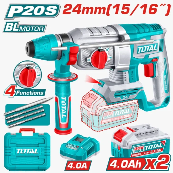 TALADRO INAL?MBRICO ROTOMARTILLO 15/16" 20V SDS PLUS 2.4 JULES INCLUYE 2 BATER?A 4.0AH, 1 CARGADOR 4.0AH TOTAL (UTRHLI202482)
