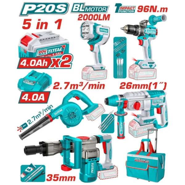 COMBO INALAMBRICO 20V TALADRO ROTOMARTILLO 1" 20V SDS PLUS 2,5 JULES + DEMOLEDOR SDS HEX 35MM 16JULES + SOPLADORA + TALADRO DE IMPACTO 1/2" 96NM + LAMPARA DE TRABAJO 2000 LUMENES + 2 BATERIAS 4.0AH + CARGADOR INCLUYE ACCESORIOS (UTOSLI251083)