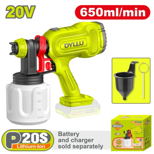 PISTOLA PINTAR INALAMBRICA 650ML 20V INCLUYE AGUJA DE LIMPIEZA Y DOS BOQUILLAS, BATERIA Y CARGADOR NO INCLUIDO DYLLU (DTSU3066)