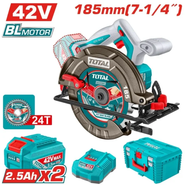 SIERRA CIRCULAR INALAMBRICA 42V 7-1/4" INCLUYE 2 BATERIA 2.5AH, CARGADOR + DISCO DE CORTE 24T CAJA PLASTICA INDUSTRIAL SUPER TOTAL (UTSLI4218512)