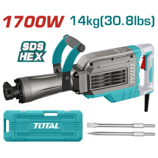 DEMOLEDOR SDS HEX 1700W 60 JOULES INCLUYE DOS CINCELES CAJA PLASTICA INDUSTRIAL SUPER TOTAL (UTH217088)