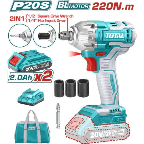 PISTOLA IMPACTO INALAMBRICA 1/2 20V INCLUYE 2 BATERIAS 1 CARGADOR COPAS DE 171921 Y PUNTA DESTORNILLADOR TOTAL(UTIWLI20208)