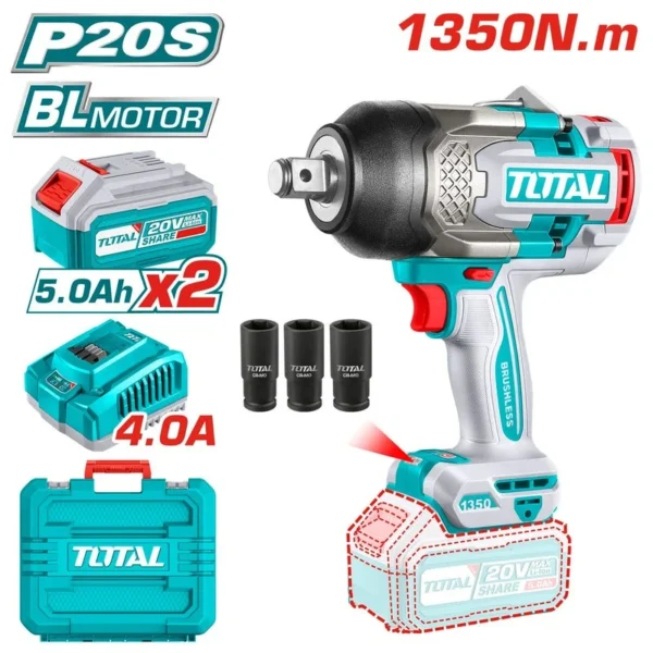 PISTOLA IMPACTO INALAMBRICA 3/4 20V 1350NM INCLUYE 2 (5.0 AH) BATERIAS 1 CARGADOR Y 3 COPAS 27,30,32 MM INDUSTRIAL SUPER TOTAL (UTIWLI20135)