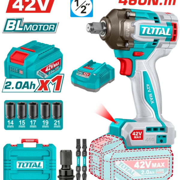 PISTOLA IMPACTO INALAMBRICA 1/2" 42V 460NM CAJA PLASTICA INCLUYE 1 BATERIA, 1 CARGADOR Y ACCESORIOS SUPER TOTAL INDUSTRIAL (UTIWLI42461)