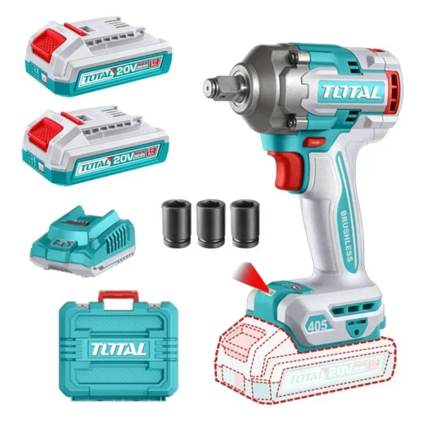 PISTOLA IMPACTO INALAMBRICA 1/2" 20V 405NM INCLUYE 3 COPAS 17,19,21, 2 BATERIAS 1 CARGADOR INDUSTRIAL SUPER TOTAL (UTIWLI2045)