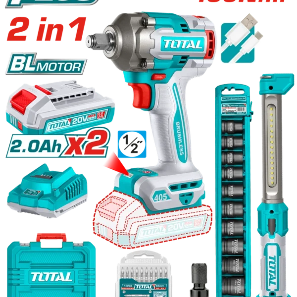 COMBO INALAMBRICO 20V PISTOLA IMPACTO INALAMBRICO 1/2 405NM + LAMPARA DE TRABAJO 300 LUMENES RECARGABLE + 10 COPAS 1/2 (10-24MM)+ ADAPTADOR DE 1/2 A 1/4 + 2 BATERIA 2.0 AH +CARGADOR TOTAL (UTOSLI23056)