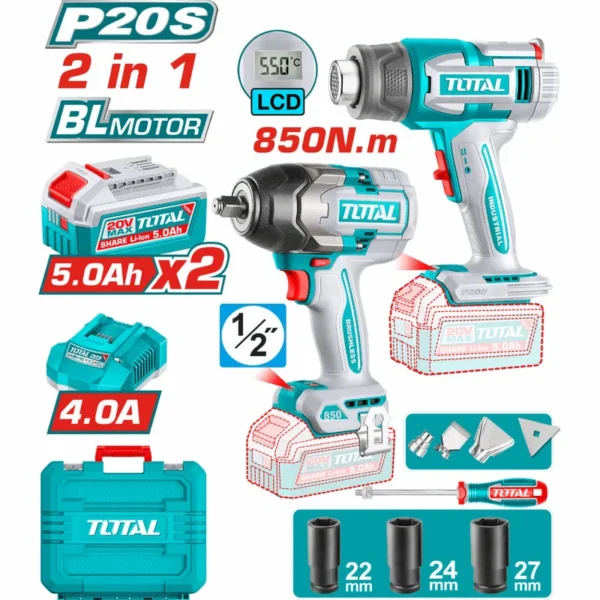 COMBO INALAMBRICO 20V PISTOLA IMPACTO 1/2 850NM + COPAS (22-24-27) + PISTOLA CALOR INALAMBRICA 20V CON TEMPERATURA AJUSTABLE PANTALLA LCD INCLUYE 4 BOQUILLAS 1 RASCADOR + 2 BATERIAS 5.0AH Y CARGADOR INDUSTRIAL SUPER TOTAL (UTOSLI250983)