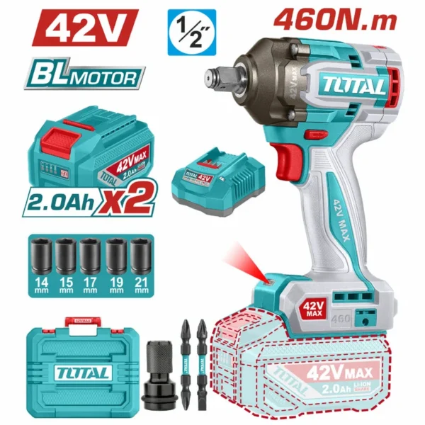 PISTOLA IMPACTO INALAMBRICA 1/2" 42V 460NM CAJA PLASTICA INCLUYE 2 BATERIA, 1 CARGADOR Y ACCESORIOS SUPER TOTAL INDUSTRIAL (UTIWLI42462)