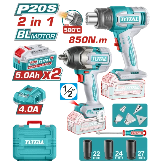 COMBO INALAMBRICO 20V PISTOLA IMPACTO INALAMBRICA 1/2" 850NM + PISTOLA CALOR TEMPERATURA AJUSTABLE 30-580?C + 2 BATERIAS 5.0AH + CARGADOR 4.0AH + ACCESORIOS INDUSTRIAL TOTAL (UTOSLI260381)