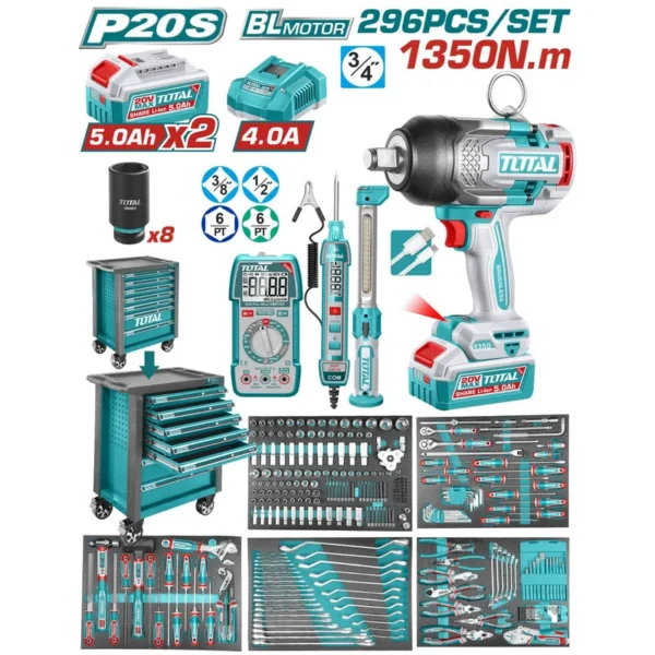 CAJA HERRAMIENTAS CON 296 ACCESORIOS INDUSTRIAL TOTAL + PISTOLA IMPACTO INALAMBRICA 3/4" 1350 NM + 2 BATERIAS 5.0AH + CARGADOR (UTHPTCS82962)