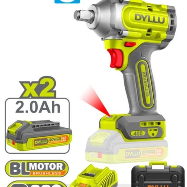 PISTOLA IMPACTO INALAMBRICA 1/2" 20V 400NM INCLUYE 2 BATERIAS 2.0AH 1 CARGADOR DYLLU (UDTCD1B40)