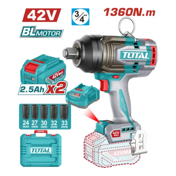 PISTOLA IMPACTO INALAMBRICA 3/4" 42V 1360NM CAJA PLASTICA INCLUYE 2 BATERIA 2.5AH , 1 CARGADOR INDUSTRIAL SUPER TOTAL (UTIWLI421362)