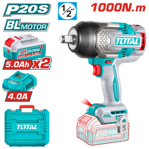PISTOLA IMPACTO INALAMBRICA 1/2" 20V 1000NM INCLUYE 2 BATERIAS 5.0AH 1 CARGADOR INDUSTRIAL SUPER TOTAL (UTIWLI20100)