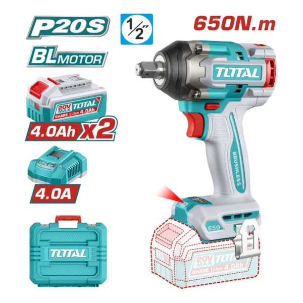 PISTOLA IMPACTO INALAMBRICA 1/2" 20V 650NM INCLUYE 2 BATERIAS 4.0AH 1 CARGADOR INDUSTRIAL SUPER TOTAL (UTIWLI2065)